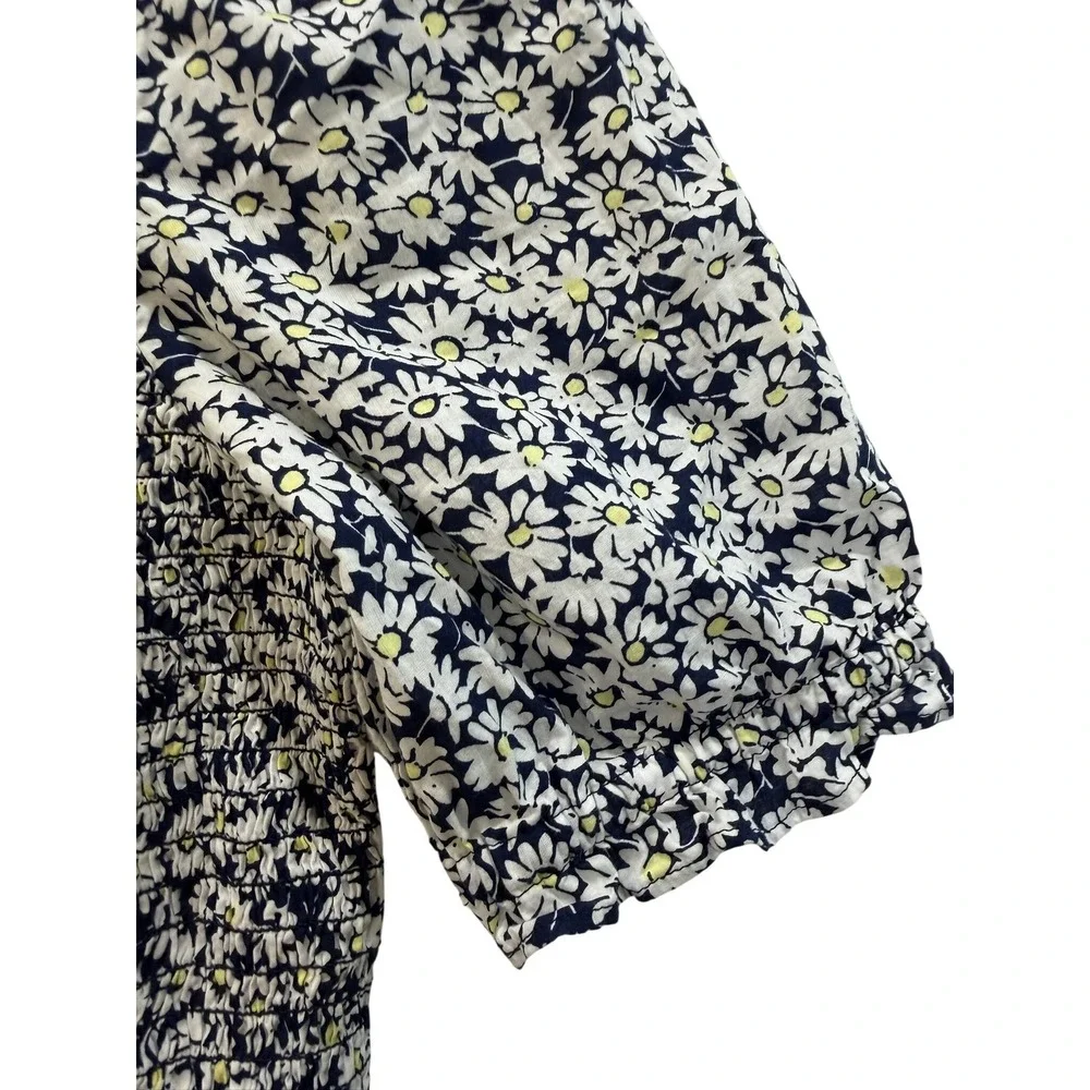 J.Crew Smocked Peplum Top Women's XS Navy Blue Daisy Floral Puff Sleeve Blouse